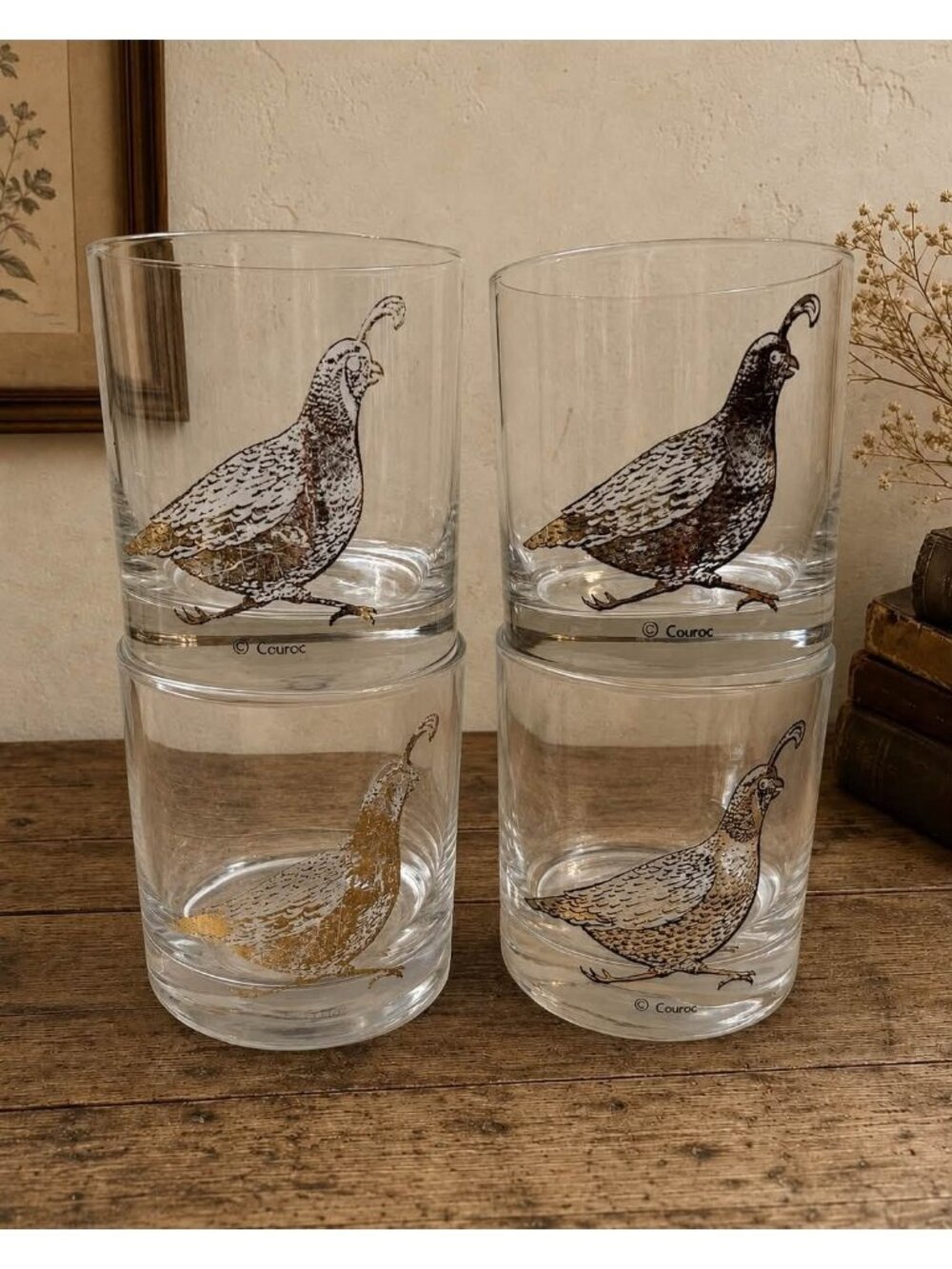 Quail Glasses Set of 4 VTG Couroc Monterey Lowball Cocktail Glass MCM Barware Wh